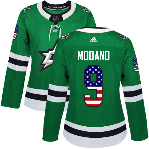 Adidas Stars #9 Mike Modano Green Home Authentic USA Flag Women's Stitched NHL Jersey